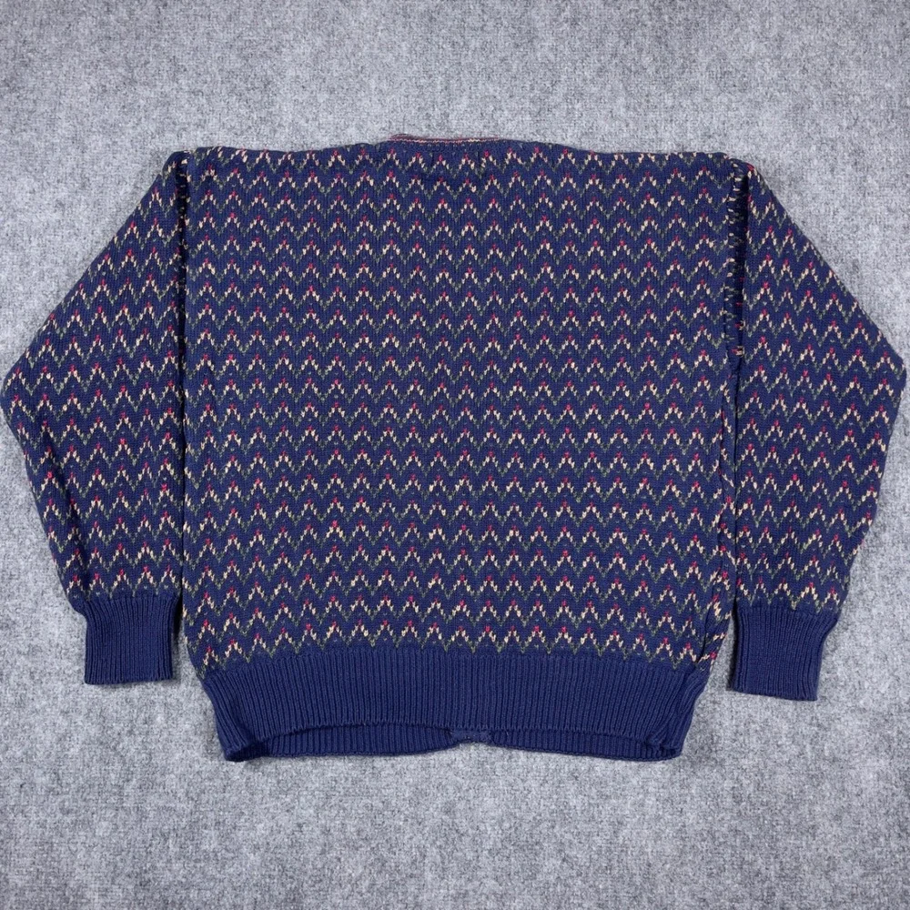 Christopher Hayes Cardigan Mens Large Blue Cotton Linen Chevron Knit Vintage